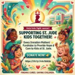 Digital illustration for St. Jude PLAY LIVE showing diverse, happy children with the St. Jude hospital building, a rainbow, and a Tiltify donation link.