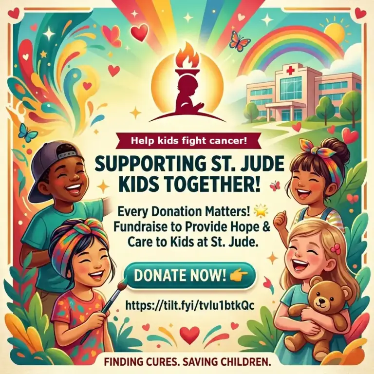 Digital illustration for St. Jude PLAY LIVE showing diverse, happy children with the St. Jude hospital building, a rainbow, and a Tiltify donation link.