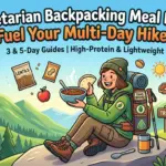 A cartoon illustration of a backpacker eating a bowl of lentil stew and a tortilla in the mountains with labels for 3 and 5 day guides.