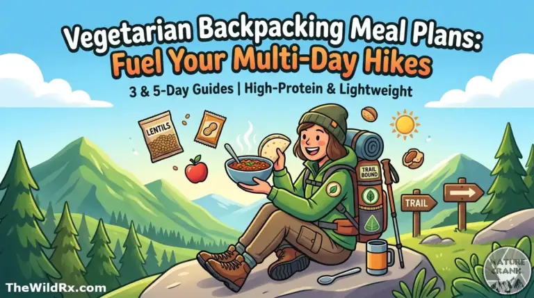 A cartoon illustration of a backpacker eating a bowl of lentil stew and a tortilla in the mountains with labels for 3 and 5 day guides.
