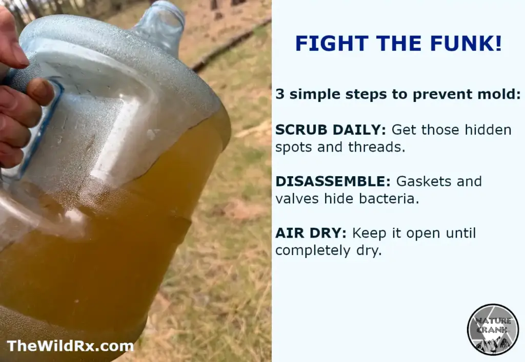 An image split into two sections. On the left, a hand holds a large water jug containing dirty, yellowish-brown water in an outdoor setting. On the right, white text on a light blue background provides mold prevention steps. The text reads: "FIGHT THE FUNK! 3 simple steps to prevent mold: SCRUB DAILY: Get those hidden spots and threads. DISASSEMBLE: Gaskets and valves hide bacteria. AIR DRY: Keep it open until completely dry." The URL "TheWildRx.com" is at the bottom left, and a "NATURE CRANK" logo is at the bottom right.