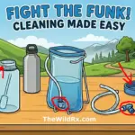 A minimalist cartoon illustration of cleaning tools and hydration gear on a wooden table with an outdoor mountain and forest background. Featured items include a wide-mouth bottle with a brush inside, a stainless steel bottle, and a hydration bladder with a tube. The text at the top reads "FIGHT THE FUNK! CLEANING MADE EASY."