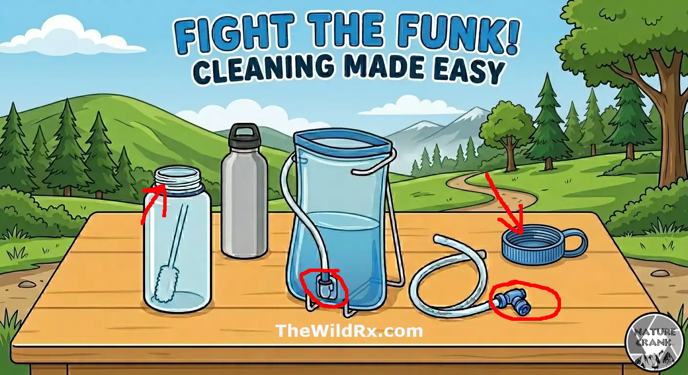 A minimalist cartoon illustration of cleaning tools and hydration gear on a wooden table with an outdoor mountain and forest background. Featured items include a wide-mouth bottle with a brush inside, a stainless steel bottle, and a hydration bladder with a tube. The text at the top reads "FIGHT THE FUNK! CLEANING MADE EASY."