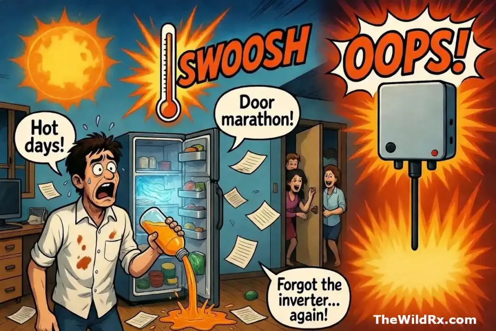 A comic infographic showing a stressed camper with an open fridge on a hot day, a group running a door marathon, and a flashing inverter causing an electrical system crash.