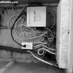 Black and white photo of an older RV electrical compartment featuring an Inteli-Power 9100 converter and tangled wires during a parasitic battery drain test.